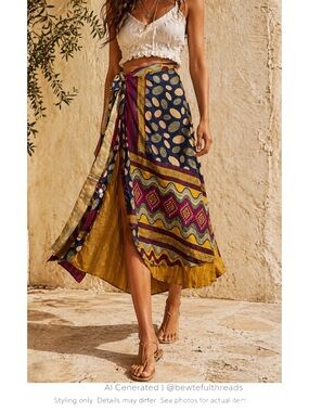 Reversible Silk Sari Wrap Skirt Boho Festival Artisan Midi XL (14–20)